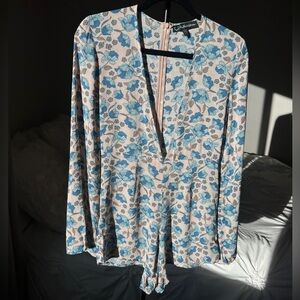For Love & Lemons Swim Blue Tulip Floral Long Sleeve V Neck Romper - Size XS